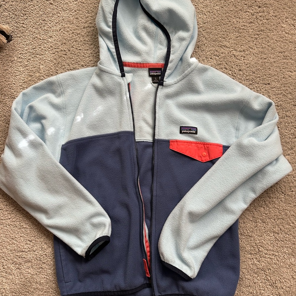 Patagonia Kids Jacket in Light Blue and Navy with Red Accents